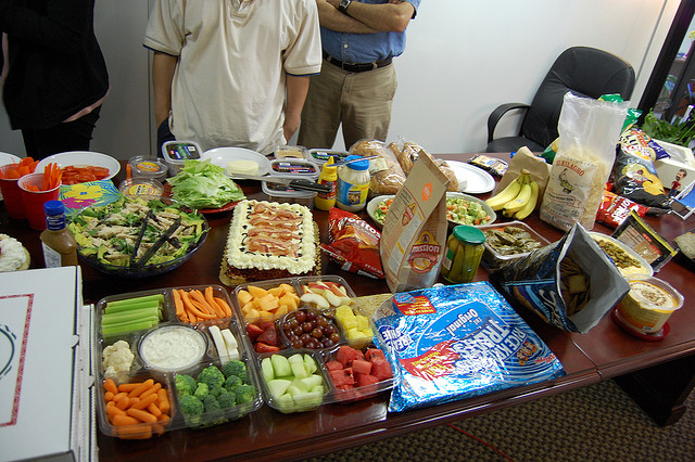 lunch with vegetables and junk food