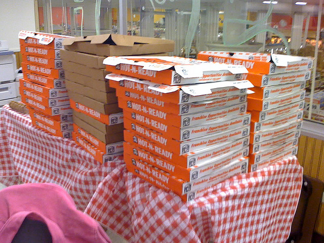 stacks of pizza boxes
