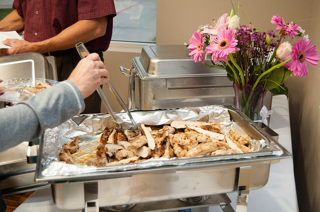 catering table with chicken