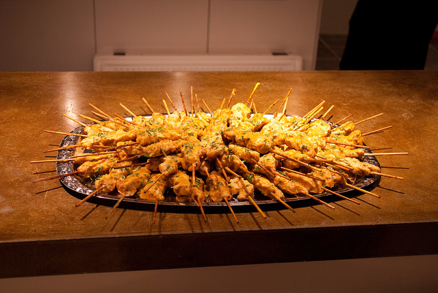 chicken skewers on catering tray