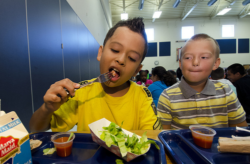 kid eating healthy school lunch