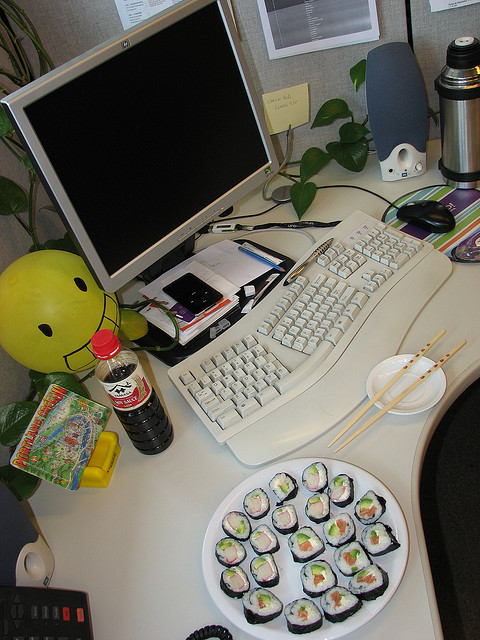sushi at desk