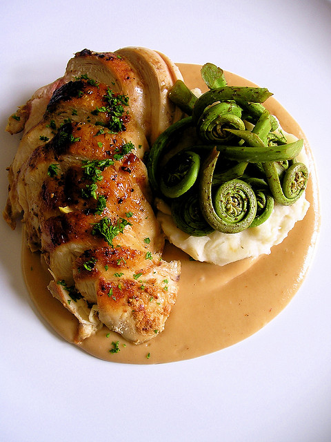 fiddlehead ferns and chicken breast