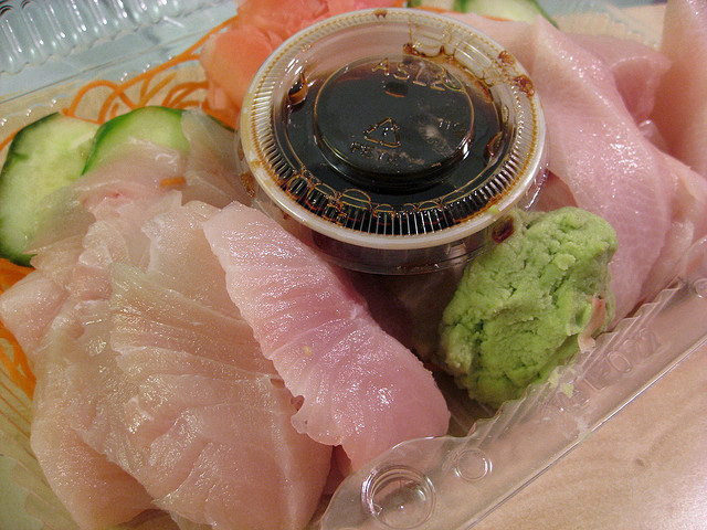 takeout sushi with soy sauce and wasabi