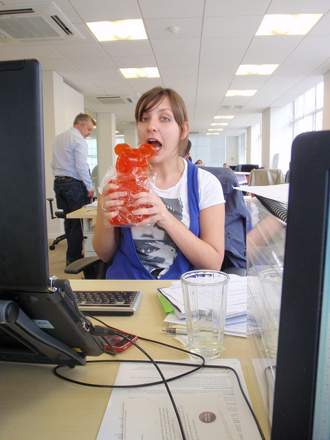 coworker eating giant gummy bear