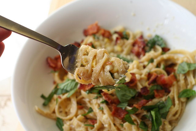 corn pasta wrapped around fork