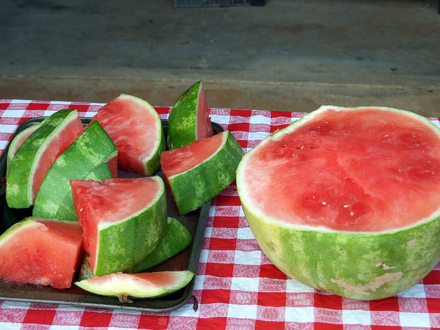 watermelon on a picnic table