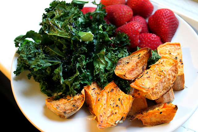 kale sweet potatoes and strawberries