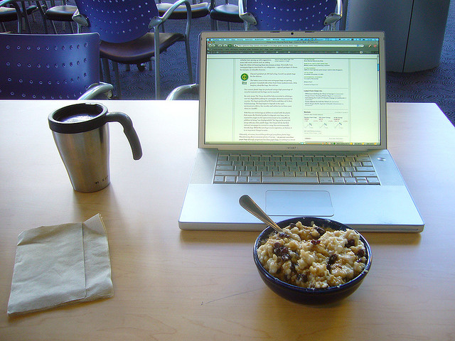 bowl of oatmeal at desk