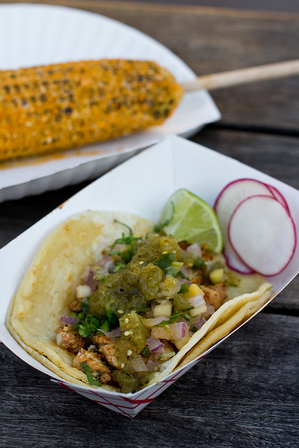 fish tacos and elote as office lunch