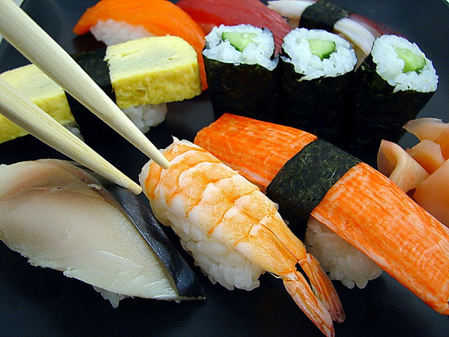 An array of nigiri sushi for Japanese food order