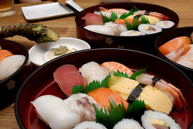 Delicious sushi on a plate for Japanese food delivery