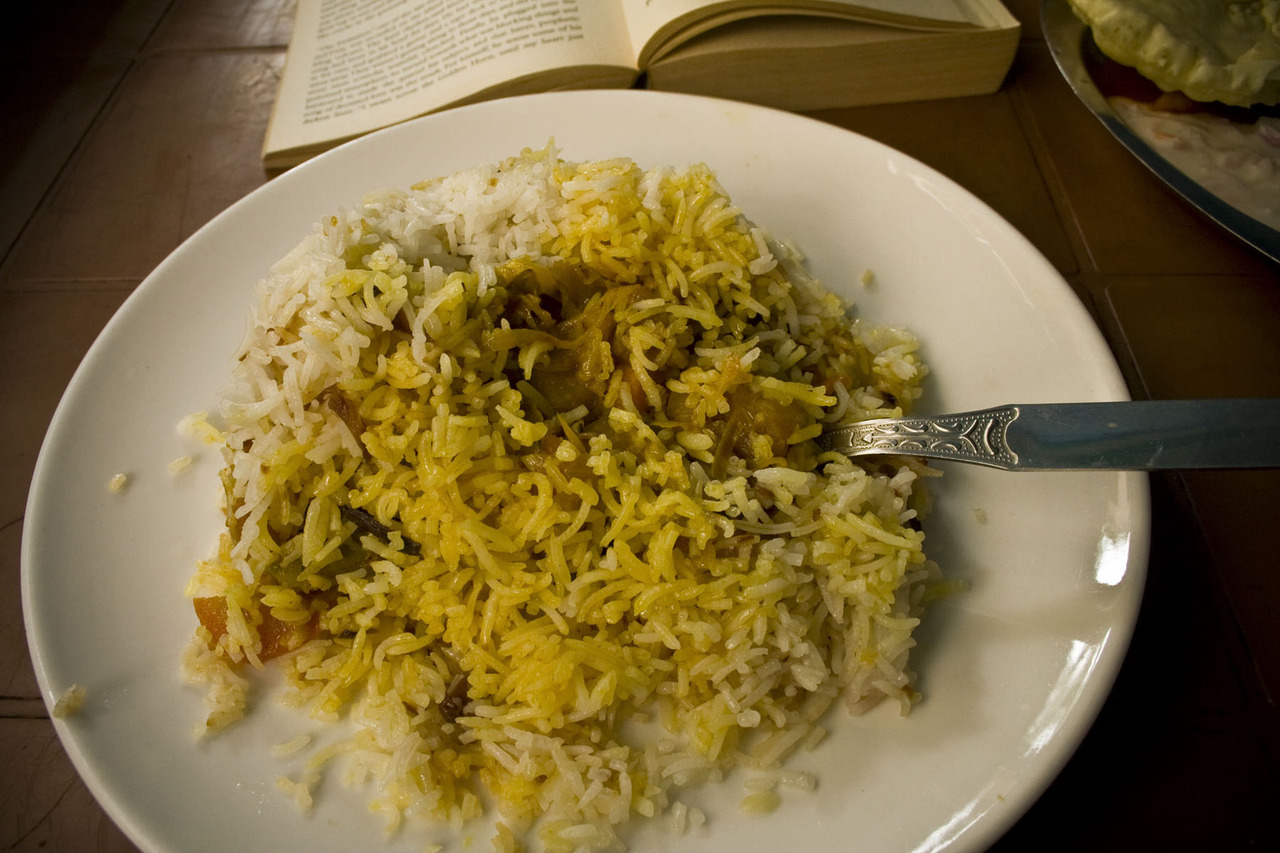 Indian food staple vegetable biryani on a plate.
