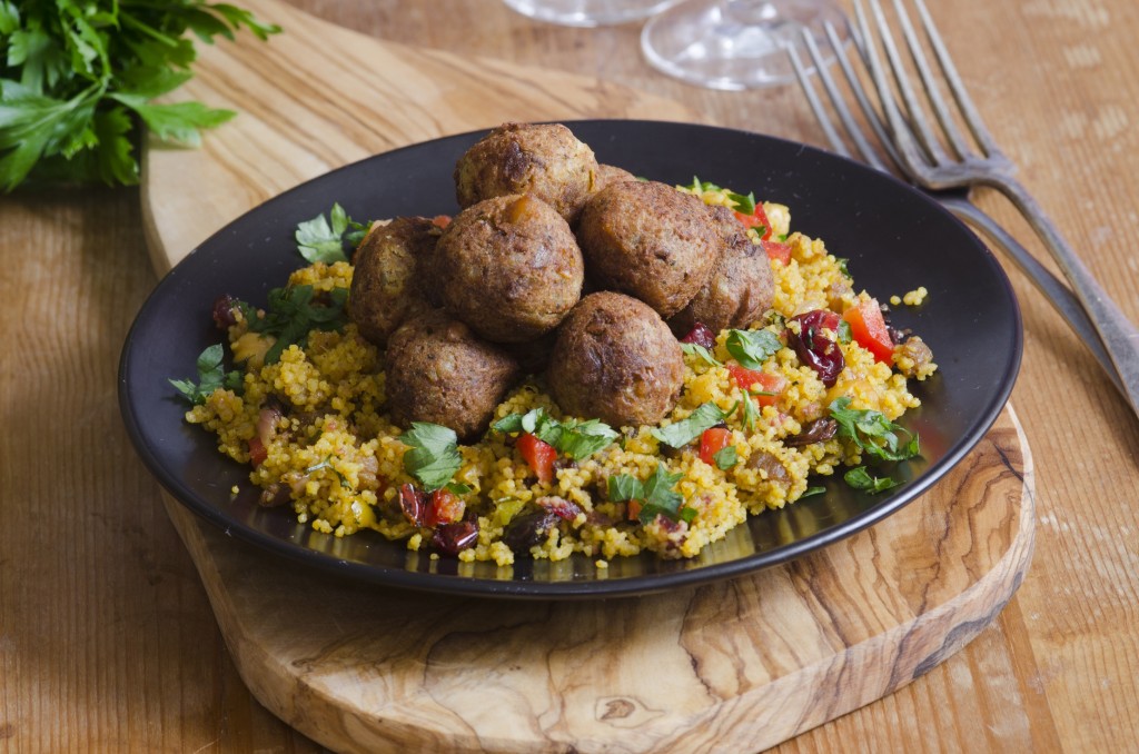 Moroccan spiced falafels with couscous and herbs